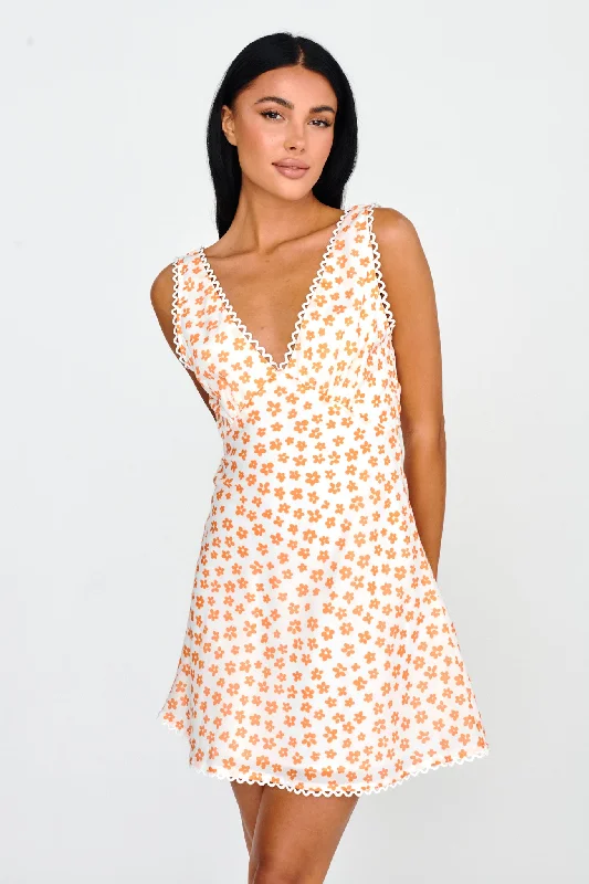 Colorful Clothing Miss Divine V-Neck Sun Dress Flower Tangerine