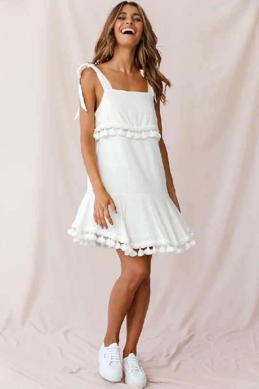 Affordable Women's Garments Sirocco Tassel Trim Tied Shoulder Dress White