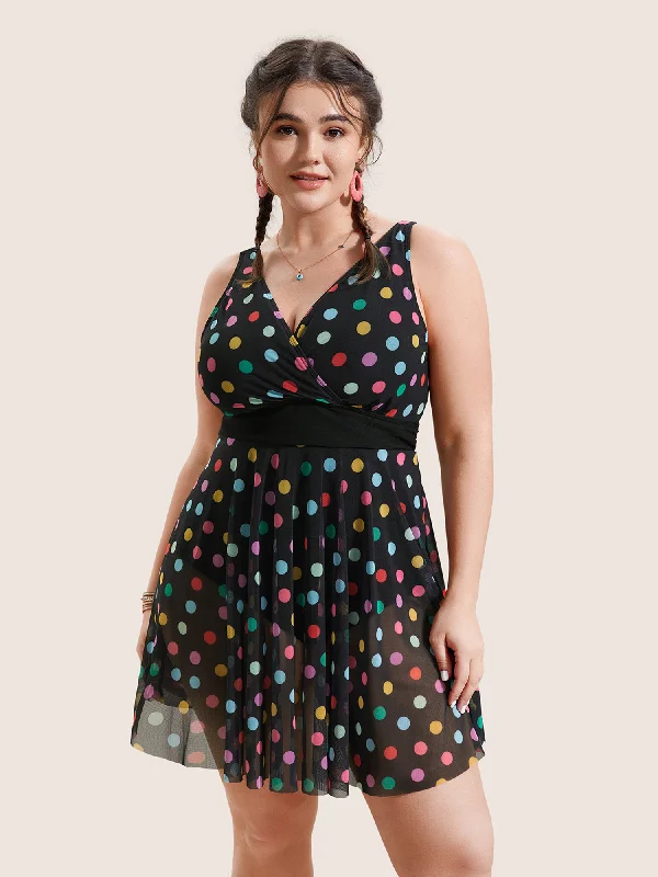 Clothes For Woman Overlap Collar Colored Polka Dot Swim Dress