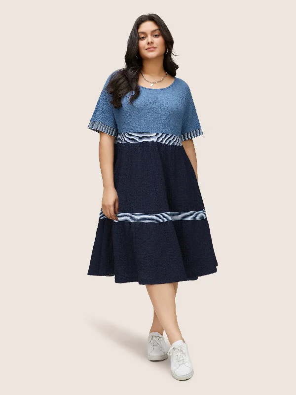 Women's Elegant Clothing Sets Plisse Striped Colorblock Batwing Sleeve Dress
