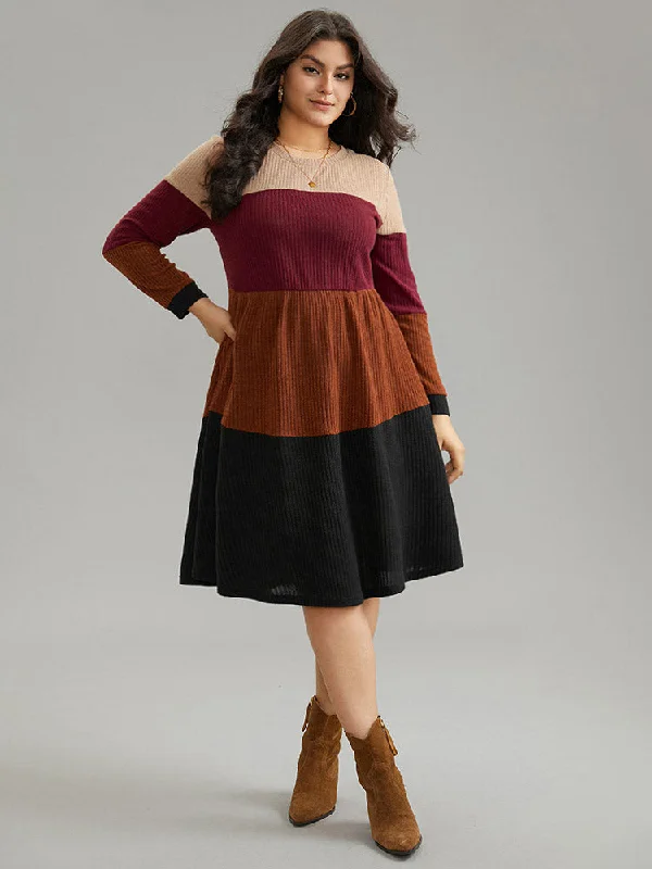 Sophisticated Fashion Colorblock Rib Knit Pocket Patchwork Dress