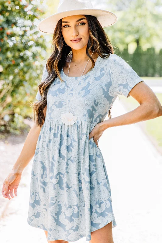 Comfortable Casual Women's Clothing Playful Playlist Blue Paisley Babydoll Dress