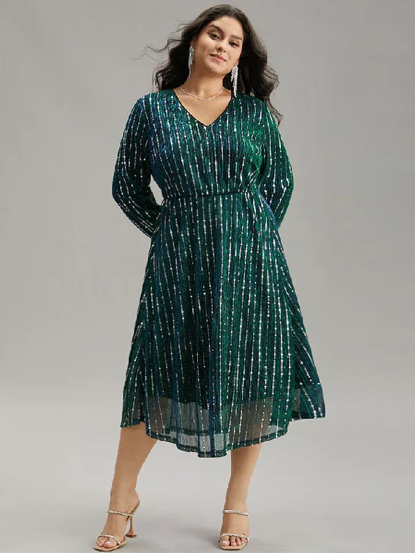 Comfy Women's Outfits for Daily Wear Sequin Mesh V Neck Elastic Waist Dress
