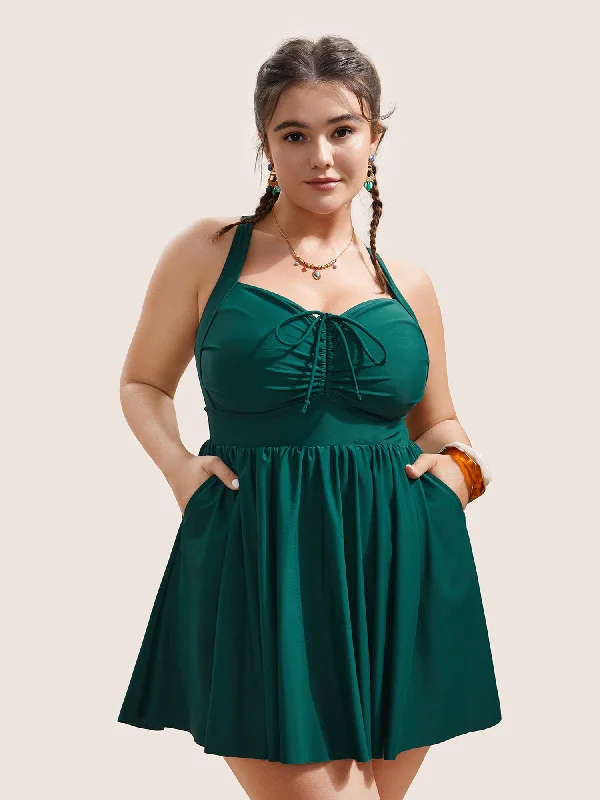 Women's Casual Wear Outfit Solid Pocket Ruched Drawstring Swim Dress