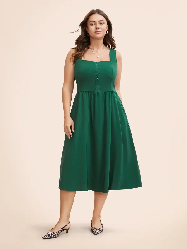 Trendy Street Style Solid Heart Neckline Gathered Shirred Dress