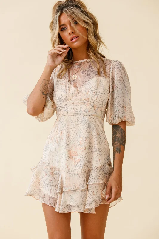 Flash Sale Online She Knows Puff Sleeve Ruffle Trim Dress Botanic Print Nude