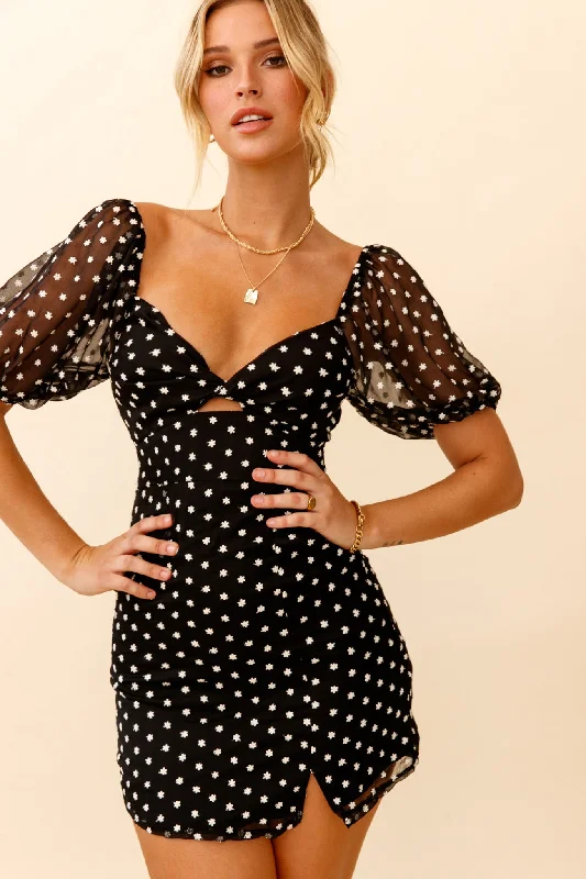 Extreme Clearance Deals Molli Sheer Puff Sleeve Twist Feature Dress Black