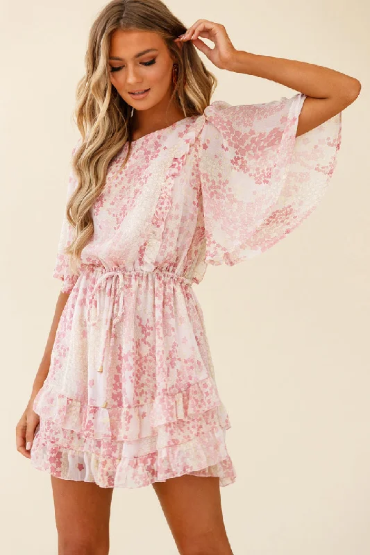 Chic Casual Style Stars Aligned Angel Sleeve Drawstring Waist Dress Star Print Pink