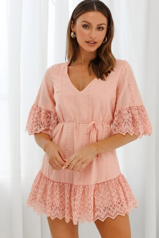 Rocker Chic Fashion Karissa Lace Trim Waist Tie Tunic Dress Blush