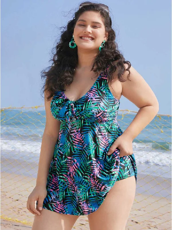 Women's Resort Garments Plant Print Knotted Front Ruffles Swim Dress