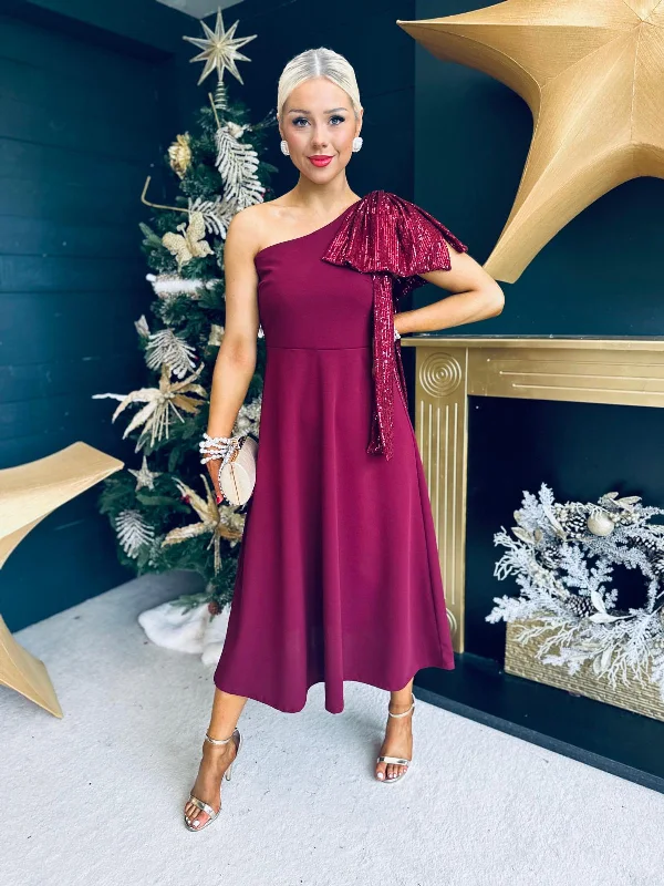 Clothing Brands Hailey Sequin Bow Detail Dress Burgundy