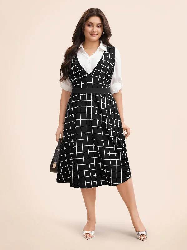 Plus Size Women's Fashion Plaid Elastic Waist Overall Dress