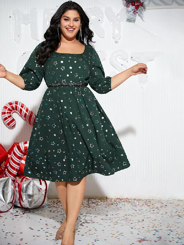 Women Apparel Heart Glitter Square Neck Lantern Sleeve Dress