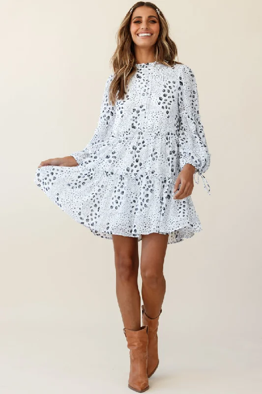 Women's Clothing Beatrix High Neck Bell Sleeve Dress Droplet Print White