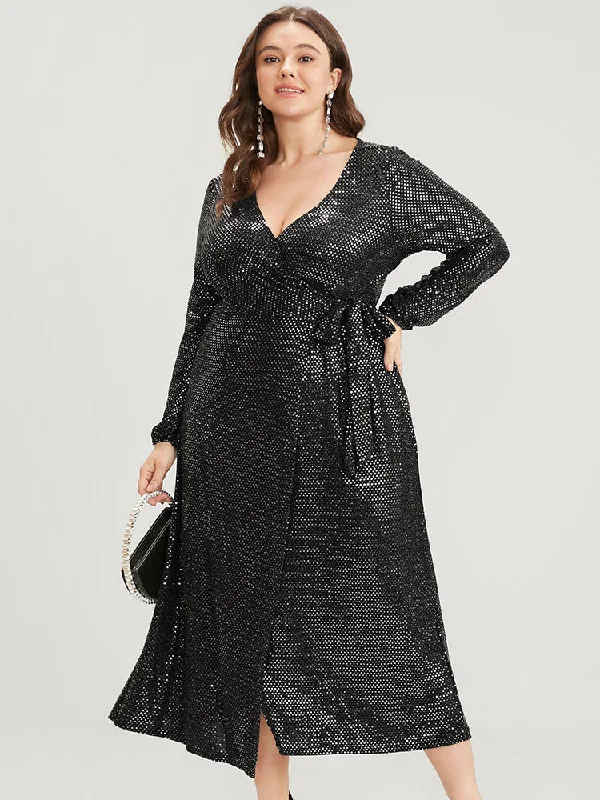 High End Women's Wear Solid Sequin Knotted Side Wrap Lantern Sleeve Dress