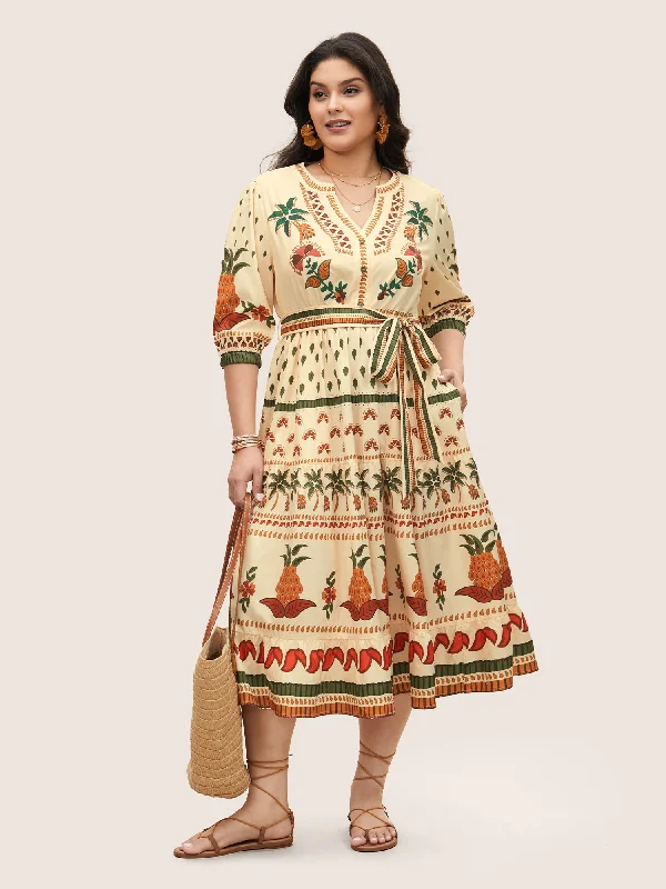 Flash Sale Event Boho Print Notched Collar Patchwork Belted Dress