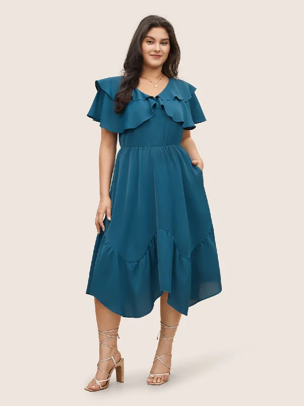Women Clothes Tiered Ruffle Cap Sleeve Asymmetrical Hem Dress