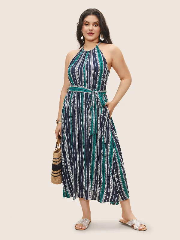 Sale Clearance Striped Belted Halter Pocket Dress