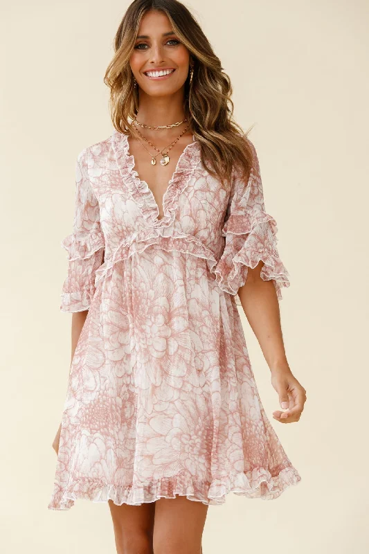 Women's Occasion Wear Clothes Gemma V-Neckline Frill Detail Dress Flower Print Nude