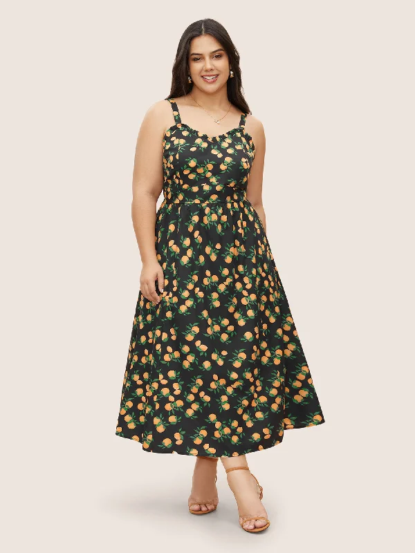 Sales For Clothes Citrus Orange Print Pleated Frill Trim Cami Dress
