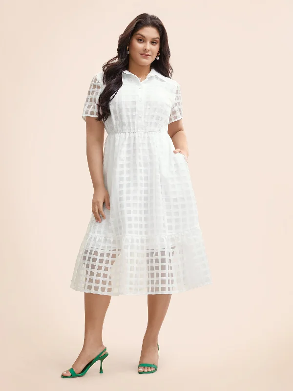 Women's Occasion Wear Clothes Shirt Collar Gingham Mesh Button Up Dress