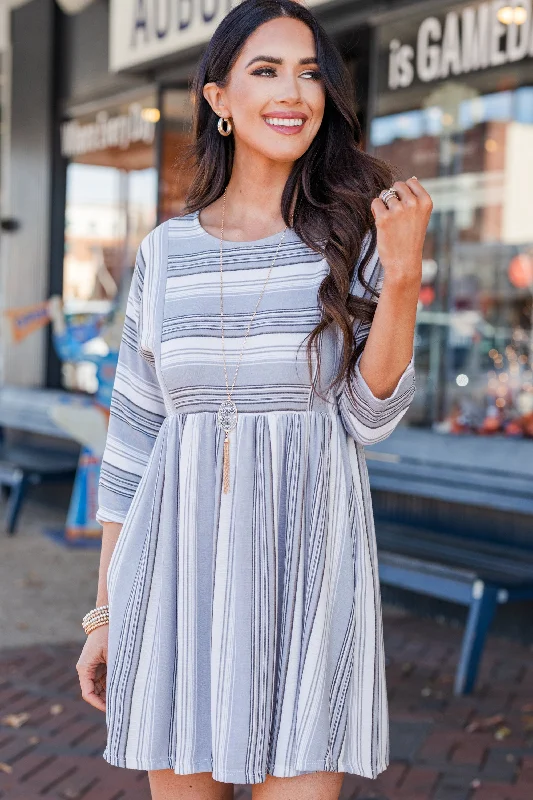 Classic Clothes For Women Let's Go Westward Light Gray Striped 3/4 Sleeve Dress