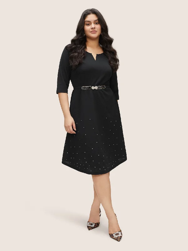 Timeless Elegance Rhinestone Notched Pocket Curved Hem Dress