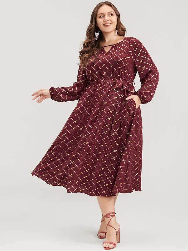 Woman Clothing Geometric Lantern Sleeve Pocket Keyhole Round Neck Belted Dress