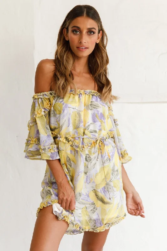 Stylish Women's Apparel Adriel Off-Shoulder Frill Detail Dress Leaf Print White/Yellow
