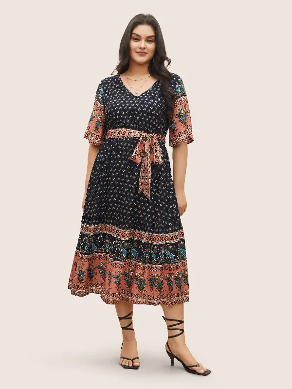 Online Clothing Boutiques Paisley Print Belted Patchwork Ruffle Hem Dress