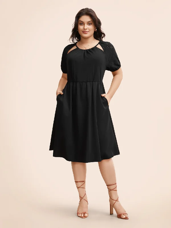 Fashionable Tops for Women Solid Cut Out Gathered Puff Sleeve Dress