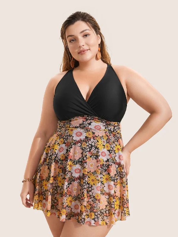City Fashion Natural Flowers Patchwork Mesh Gathered Swim Dress