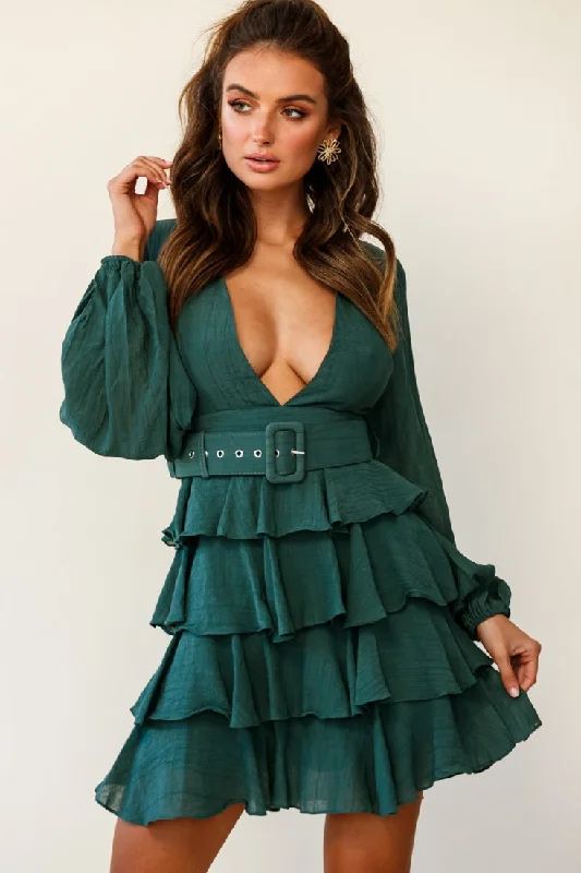 Online Impressions Boutique Queensland Balloon Sleeve Tiered Frill Belt Dress Green