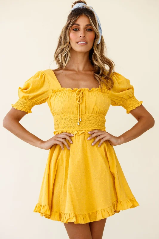 Sustainable Fashion Clothing For Women Summer In Paris Puff Sleeve Open Back Dress Mustard Sustainable Fashion Clothing For Women Summer In Paris Puff Sleeve Open Back Dress Mustard