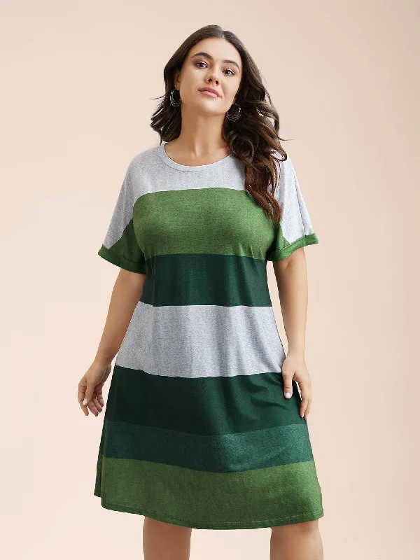 Casual Wear Striped Dolman Sleeve Contrast Knit Dress