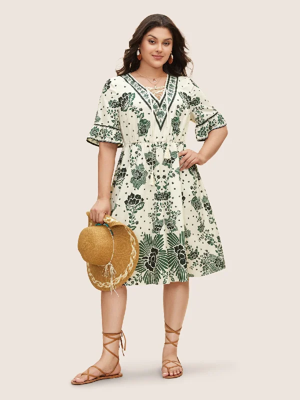 Timeless Women's Garments Bandana Tassel Lace Up Flutter Sleeve Dress