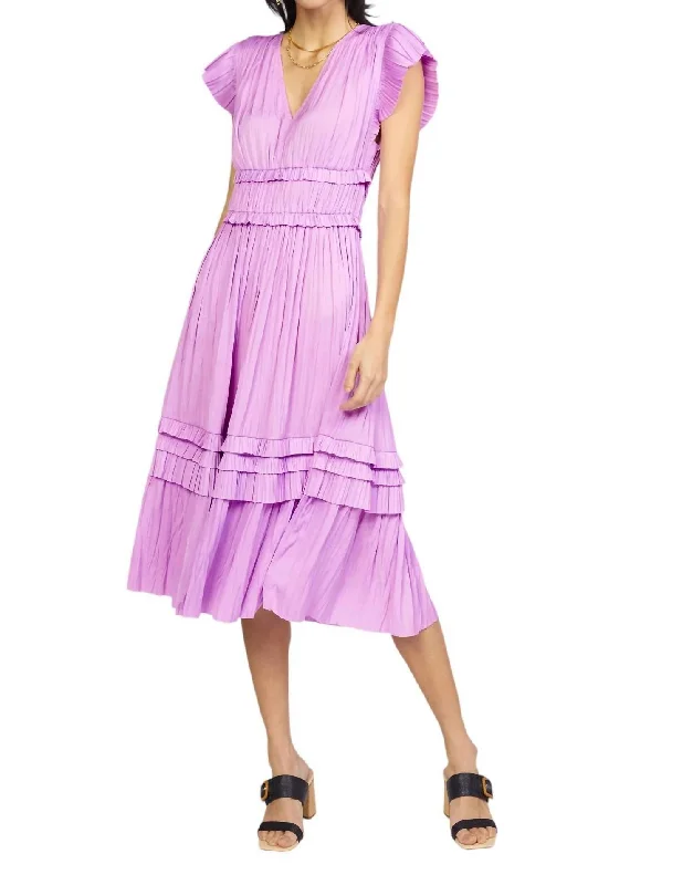 Women's Elegant Formal Outfit Sereia Pleated Ruffle Sleeve Dress In Orchid Pink