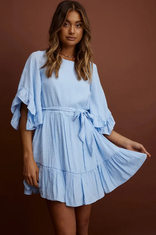 Clothes For Woman Joni Batwing Sleeve Waist Tie Dress Ruffle Blue