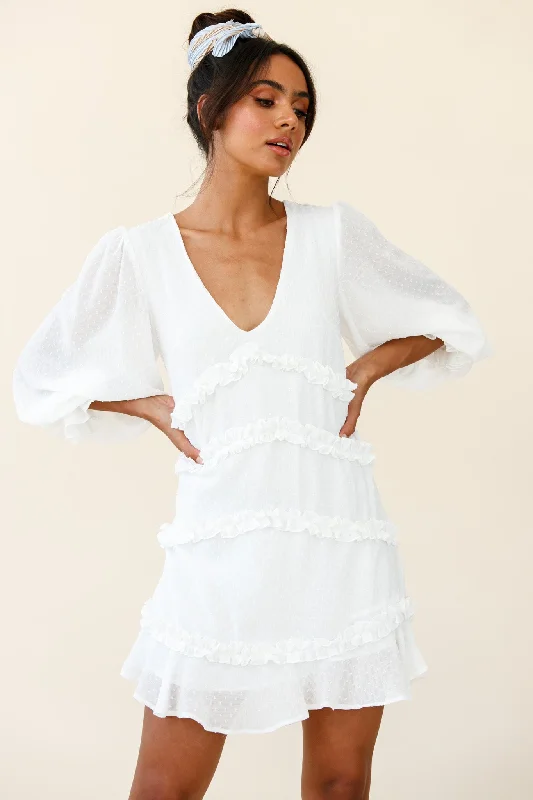 Glamorous Evening Wear Tabitha Balloon Sleeve Loose Fit Frill Detail Dress White