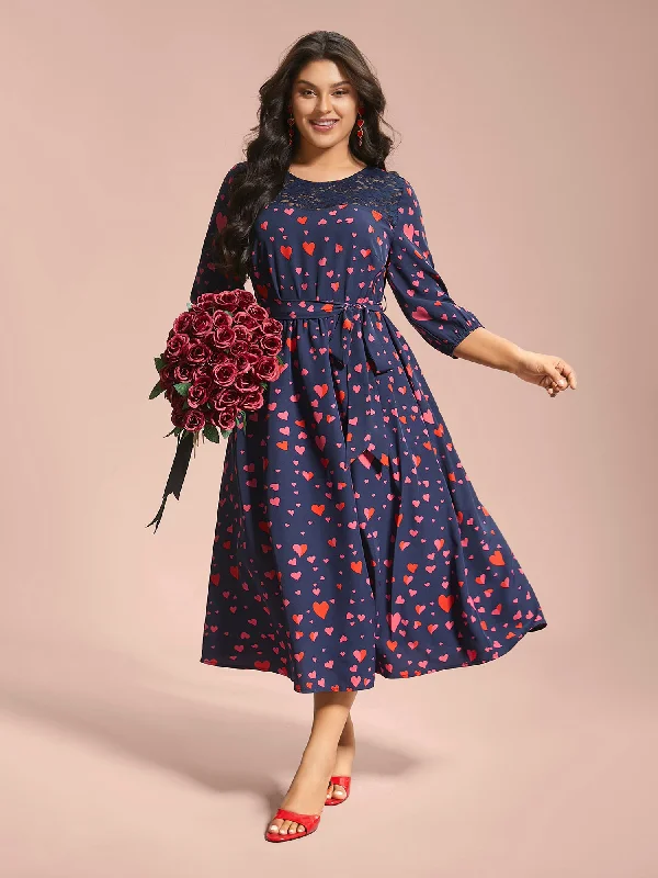 Trendy Street Style Lace Insert Heart Print Waist-Tie Dress