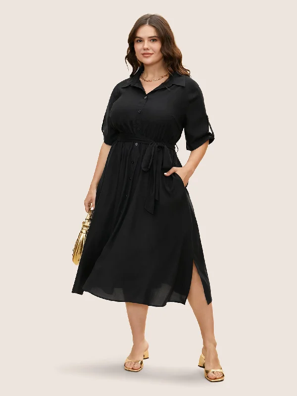 Casual Clothing for Women Shirt Collar Tab Sleeve Split Hem Dress