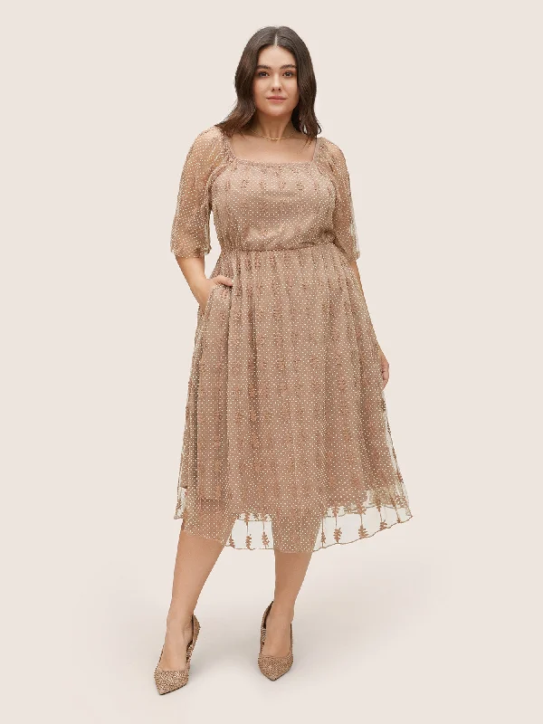 Women's Outerwear Clothing Square Neck Texture Embroidered Mesh Dress