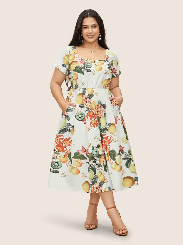 Casual Dresses for Women Citrus Square Neck Fruit Print Button Detail Dress