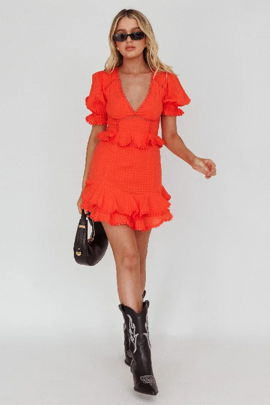 Vintage-Inspired Women's Clothes Preston Puff Sleeve Crochet Trim Dress Coral