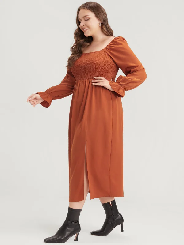 Affordable Online Boutique Solid Shirred Square Neck Lantern Sleeve Split Hem Dress