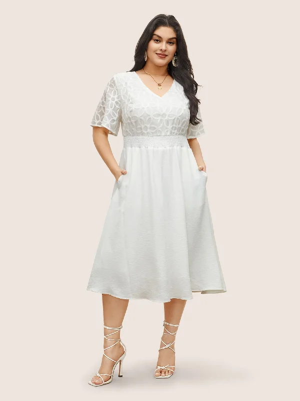 Women's Charming Outfit For Events Graphic Plisse Shirred Patchwork Flutter Sleeve Dress