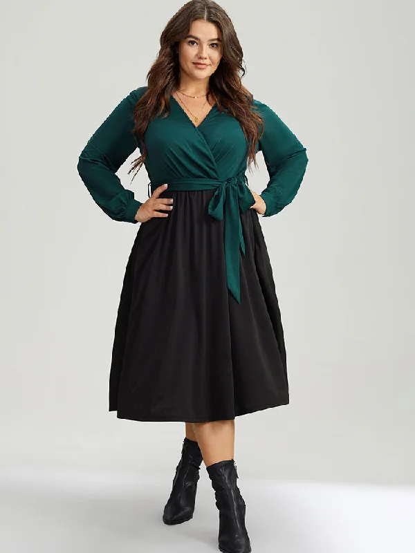 Women's Date Night Outfit Contrast Patchwork Bowknot Overlap Collar Dress