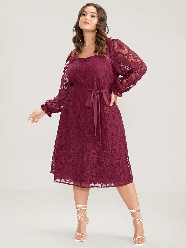 Women's Clothing Brands Solid Square Neck Lantern Sleeve Belted Lace Dress