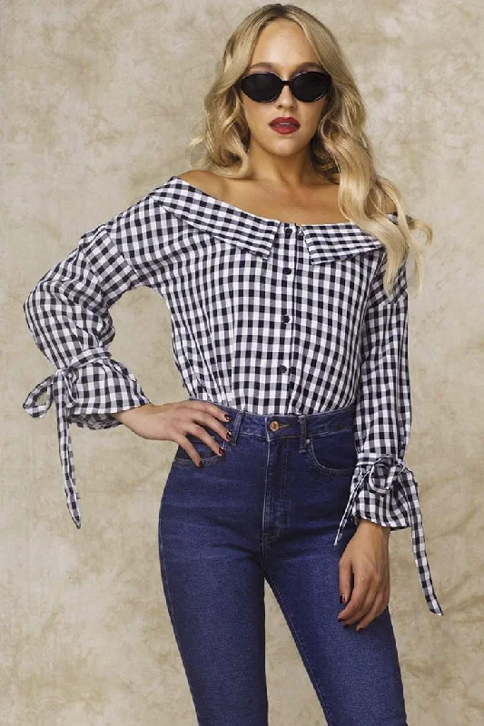 Casual Outfit For Women Clarke Off the Shoulder Checkered Dress Shirt Navy
