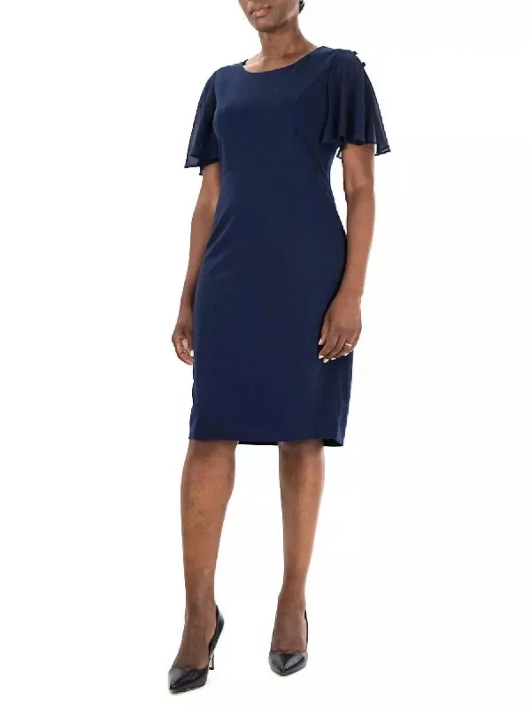 Modern Casual Clothing Flutter Sleeve Sheath Dress In Navy